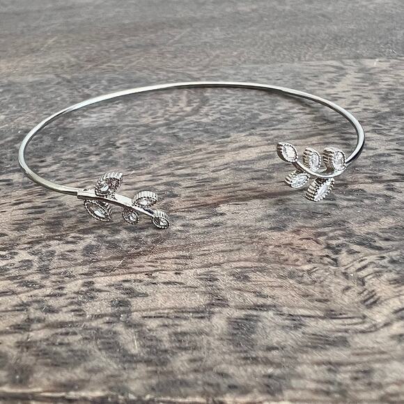 Thin elegant silver tone rhinestone studded leaf design cuff bracelet - Picture 2 of 4